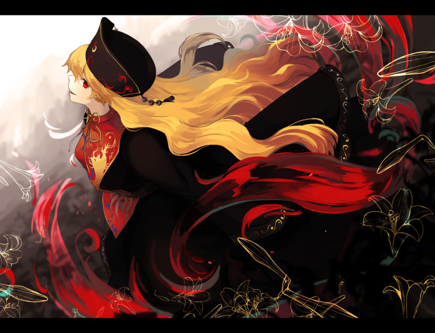 1girl black_dress blonde_hair chinese_clothes dress energy flower hat hichiko junko_(touhou) letterboxed lily_(flower) long_hair long_sleeves multiple_tails open_mouth red_eyes ribbon sash smile solo tabard tail touhou very_long_hair wide_sleeves