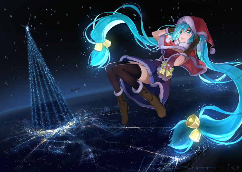 1girl :d alternate_costume beek bell black_legwear blue_hair blush boots brown_boots brown_gloves capelet christmas christmas_lights christmas_tree city cross-laced_clothes floating floating_hair from_above fur_trim gloves glowing glowing_hair hair_bell hair_ornament hands_on_own_head hat hatsune_miku highres long_hair low-tied_long_hair mistletoe night night_sky open_mouth pom_pom_(clothes) red_hat santa_claus santa_costume santa_hat skirt sky sled smile snowing solo star thigh-highs twintails upskirt very_long_hair vocaloid zettai_ryouiki