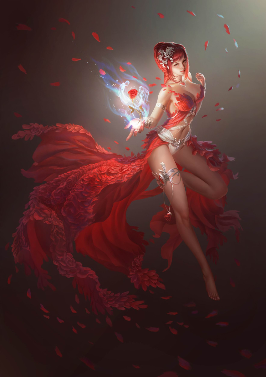 1girl absurdres bare_legs bare_shoulders barefoot breasts cleavage dress feet flower hair_ornament highres jewelry large_breasts league_of_angels legs lips long_hair magic navel pendant petals red_dress red_eyes redhead rike_lee rose rose_petals smile solo