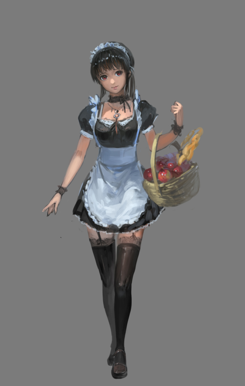 1girl apple apron bangs basket black_hair choker food fruit full_body garter_straps highres jeanex jewelry maid necklace original red_eyes shoes solo thigh-highs wristband