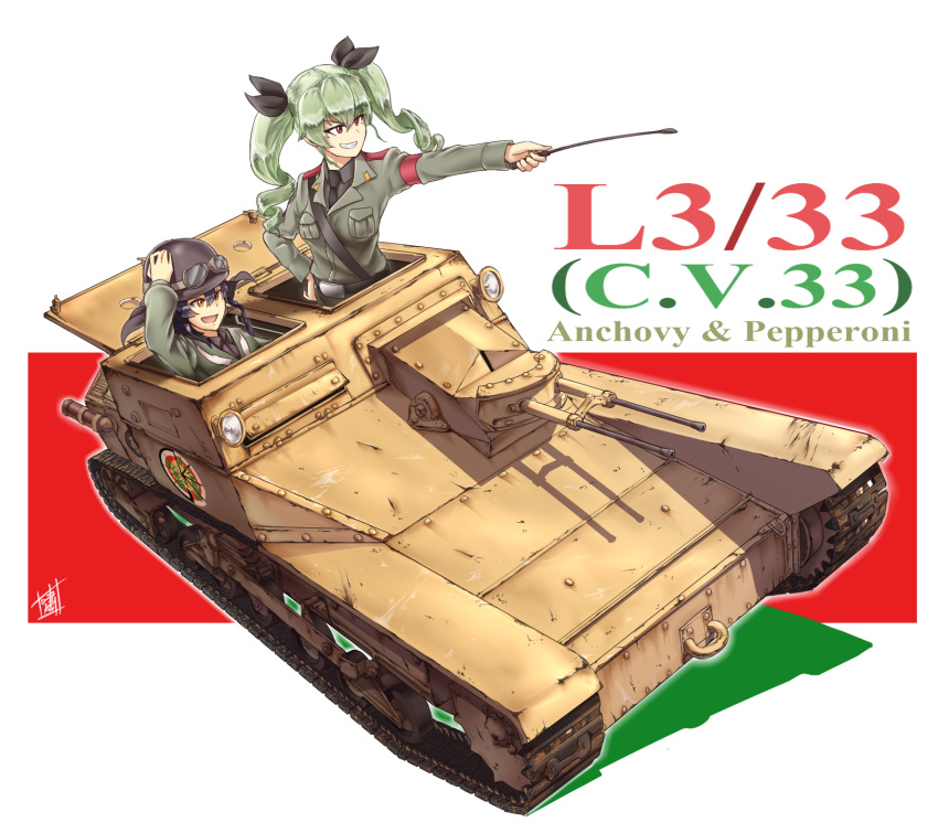 2girls anchovy artist_name belt black_hair black_shirt braid brown_eyes carro_veloce_cv-33 character_name dress_shirt drill_hair emblem flag_background food girls_und_panzer goggles green_hair grin hair_ribbon hand_on_hip hand_on_own_head helmet highres holding italian_flag jacket l3/33 long_hair long_sleeves military military_uniform multiple_girls necktie open_mouth pepperoni_(girls_und_panzer) pizza red_eyes ribbon riding_crop shao_(newton) shirt signature sitting smile standing twin_drills twintails uniform wind