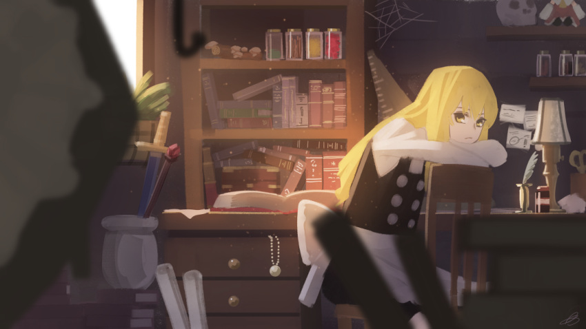 1girl amino_(tn7135) apron black_dress blonde_hair blurry book bookshelf bow buttons chair character_doll desk desk_lamp doll dress dust expressionless hakurei_reimu indoors jar jewelry jug kirisame_marisa long_hair looking_at_viewer necklace necklace_removed open_book open_drawer pearl_necklace pendant plant rod room scroll shelf silk sitting sitting_on_chair skull spider_web spread_legs staff sunlight sword table touhou vase waist_apron weapon window yellow_eyes