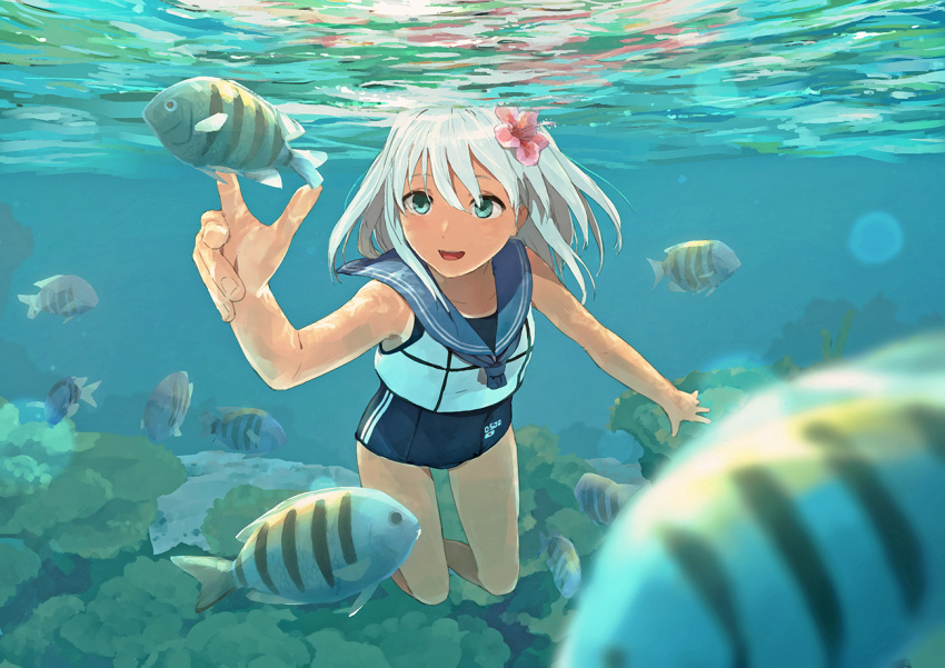 1girl blonde_hair blue_eyes commentary_request crop_top fish flower hair_flower hair_ornament kantai_collection long_hair one-piece_tan open_mouth ro-500_(kantai_collection) sailor_collar school_swimsuit smile solo swimming swimsuit swimsuit_under_clothes tan tanline underwater water youmak