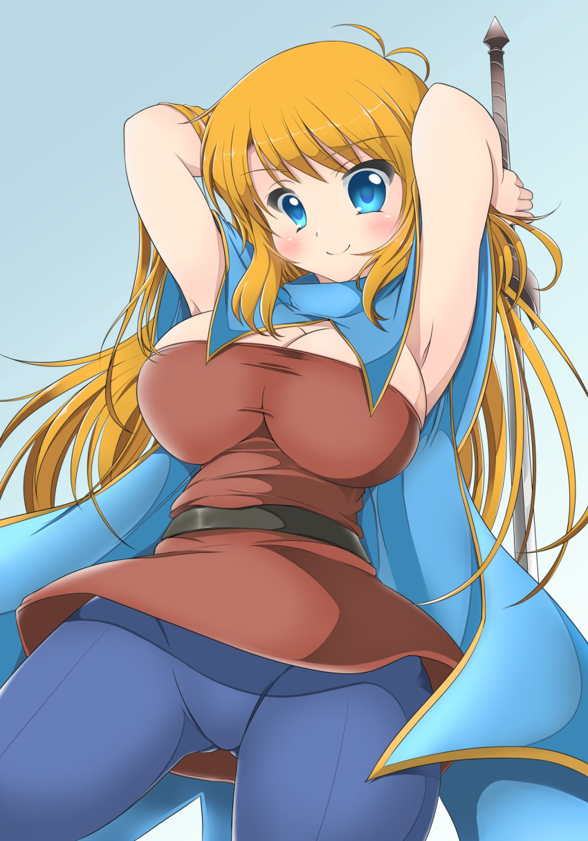 1girl antenna_hair armpits arms_up belt blonde_hair blue_background blue_eyes blue_legwear blush breasts cape character_request cleavage cowboy_shot dress eyelashes highres holding_sword holding_weapon kurokaze_no_sora large_breasts leggings long_hair looking_at_viewer pantyhose simple_background slashing smile solo sword undersized_clothes weapon