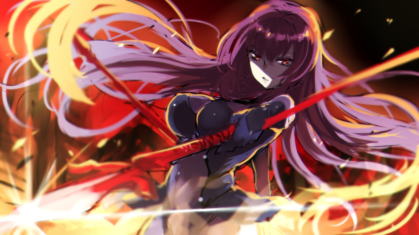 1girl bodysuit covered_navel dual_wielding fate/grand_order fate_(series) fire gae_bolg long_hair pantsu_(lootttyyyy) polearm purple_hair red_eyes scathach_(fate/grand_order) solo spear weapon