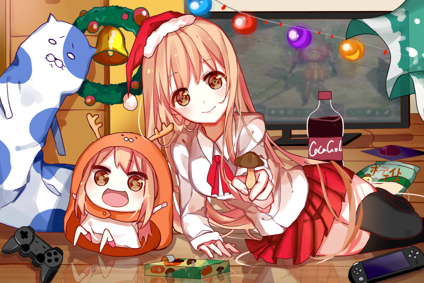 2girls akira_(ying) animal_costume antlers arm_support arms_up bauble bell blush bobblehat box brown_eyes brown_hair buttons chibi christmas controller curtains doma_umaru dual_persona dualshock eyelashes game_controller gamepad hamster_costume handheld_game_console hat highres himouto!_umaru-chan indoors komaru long_sleeves looking_at_viewer lying messy_room mousepad multiple_girls mushroom on_side open_mouth package pillow playstation_vita pleated_skirt red_ribbon red_skirt reflection reindeer_antlers ribbon santa_hat shirt sitting skirt stuffed_animal stuffed_toy television_screen thigh-highs white_shirt wreath zettai_ryouiki