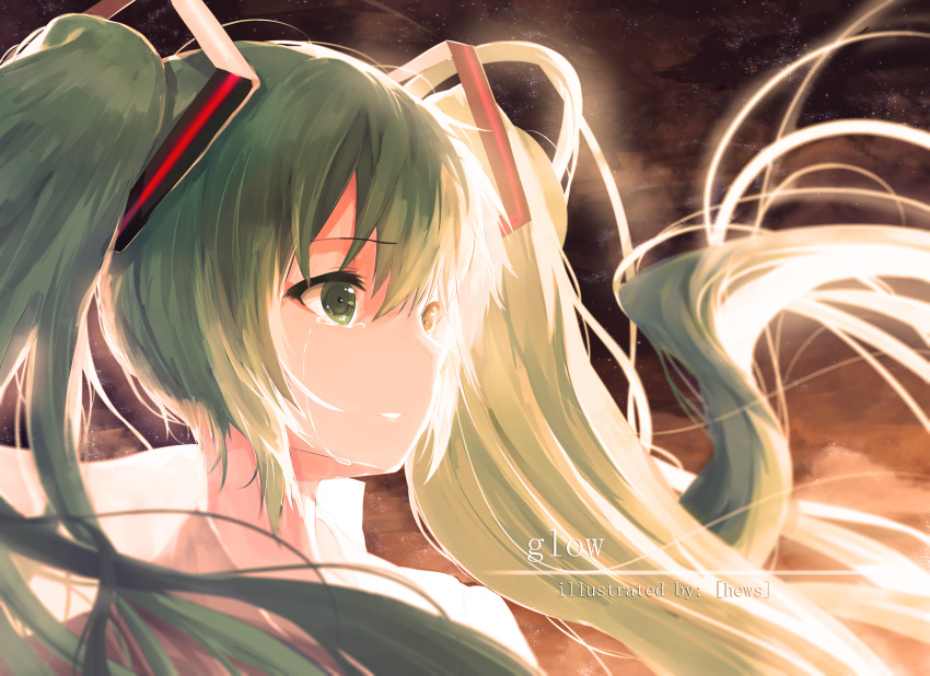 1girl absurdres backlighting copyright_name glow_(vocaloid) green_eyes green_hair hatsune_miku hews_hack highres huge_filesize long_hair solo tears twintails upper_body vocaloid