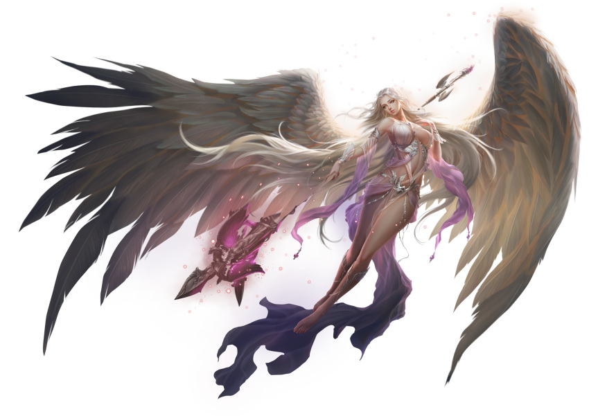 1girl bare_legs barefoot breasts brown_eyes feet head_tilt highres large_breasts large_wings league_of_angels legs lips long_hair navel parted_lips polearm rike_lee sideboob solo spear spread_wings transparent_background very_long_hair weapon white_hair