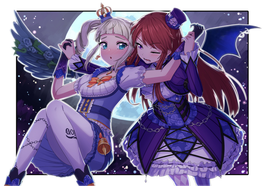 2girls :o aikatsu! alternate_costume argyle argyle_legwear arm_belt bangs bat_wings bell blue_bow blue_eyes blue_flower blue_rose blue_skirt blue_wings blunt_bangs blush boots bow brown_hair chain clothes_writing corset crown dress drill_hair earrings eyebrows eyebrows_visible_through_hair feathered_wings floral_print flower frilled_sleeves frills gloves hair_ribbon hat highres holding_hands interlocked_fingers jewelry long_hair long_sleeves moon multiple_girls night night_sky omaru_gyuunyuu one_eye_closed orange_bow pantyhose pendant pointy_ears redhead ribbon ribbon-trimmed_clothes ribbon_trim ring rose shibuki_ran short_sleeves silver_hair single_wing skirt skirt_set sky smile swept_bangs teet toudou_yurika twin_drills twintails underbust upskirt very_long_hair violet_eyes white_background wing_ornament wings wrist_grab