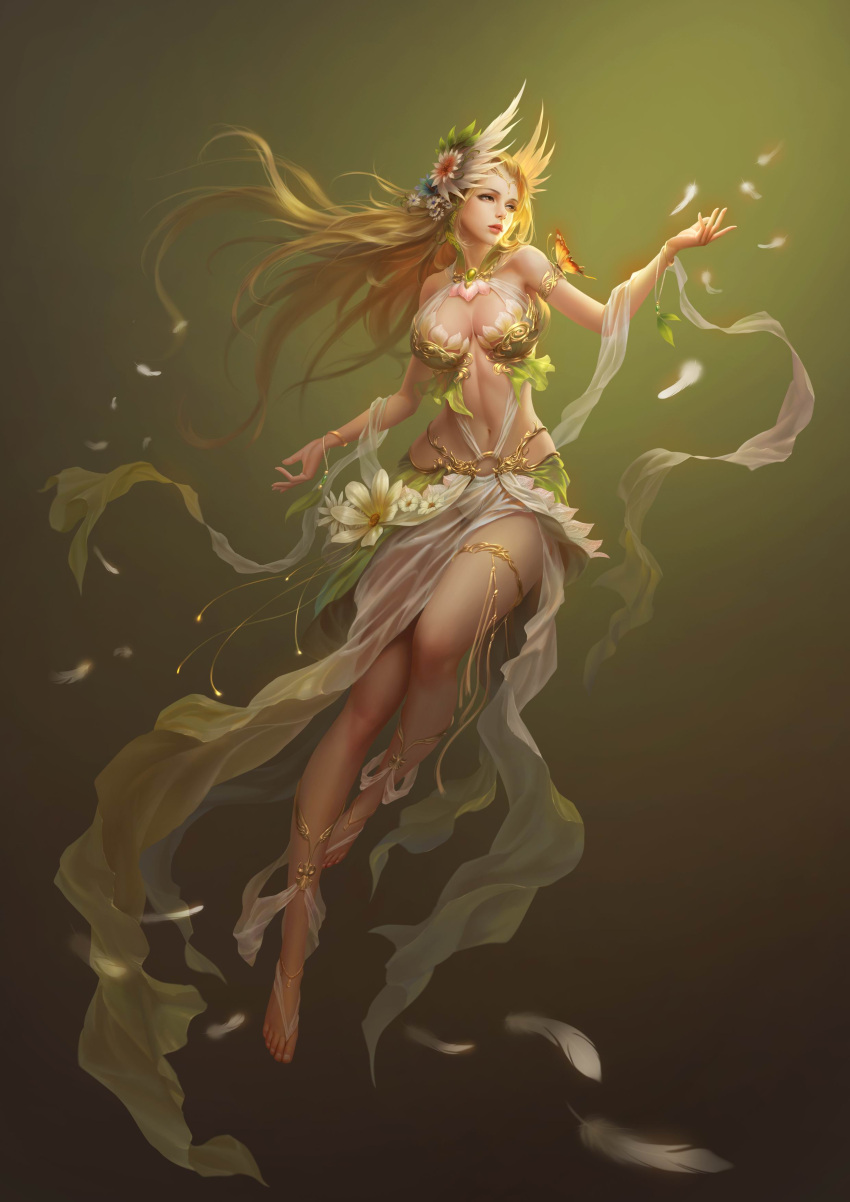 1girl absurdres bare_legs bare_shoulders barefoot blonde_hair breasts brown_eyes butterfly dress feathers feet flower hair_flower hair_ornament highres large_breasts league_of_angels legs lips long_hair navel parted_lips rike_lee solo yellow_eyes