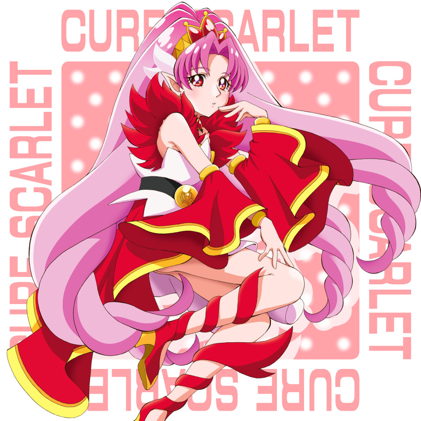 1girl akagi_towa bangs belt boo_(takagi) character_name cure_scarlet detached_sleeves expressionless full_body go!_princess_precure highres long_hair looking_at_viewer magical_girl parted_bangs pink_hair pointy_ears precure red_eyes red_shoes red_skirt shoes skirt solo