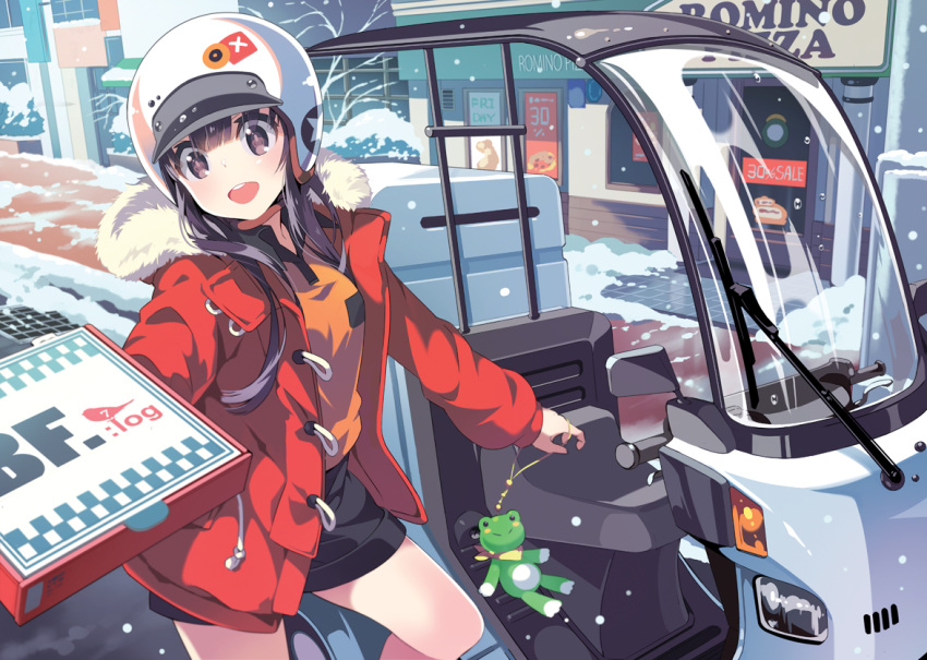 1girl bf._(sogogiching) black_eyes black_hair helmet jacket original pizza_box red_jacket snow snowing solo stuffed_toy vehicle