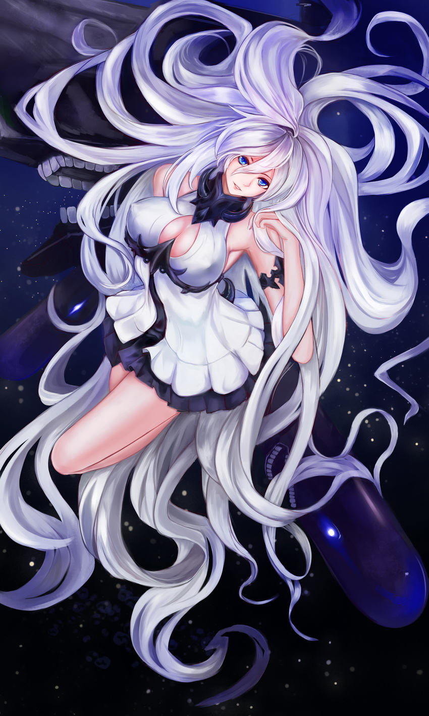 1girl absurdly_long_hair absurdres bare_shoulders blue_eyes breasts cleavage cleavage_cutout covered_nipples dress highres kantai_collection large_breasts long_hair looking_at_viewer no_bra shinkaisei-kan skirt smile submarine_hime very_long_hair weapon white_hair ytoy