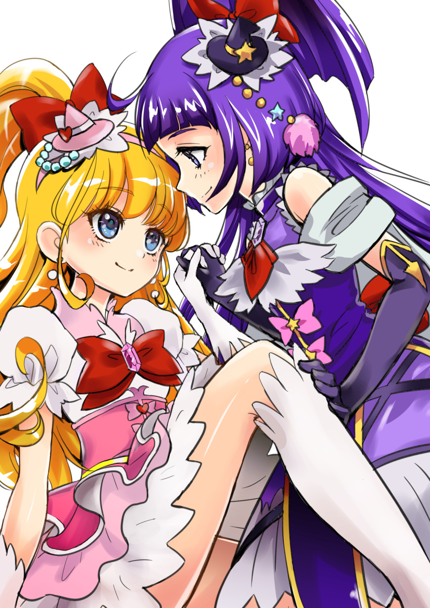 2girls absurdres asahina_mirai blonde_hair blue_eyes boots bow brooch cure_magical cure_miracle earrings elbow_gloves eye_contact gloves hair_bow hairband half_updo hat highres holding_hands izayoi_liko jewelry knee_boots long_hair looking_at_another magical_girl mahou_girls_precure! mini_hat multiple_girls pink_bow pink_skirt precure puca-rasu purple_gloves purple_hair purple_skirt red_bow shiny shiny_skin skirt smile white_background white_boots white_gloves
