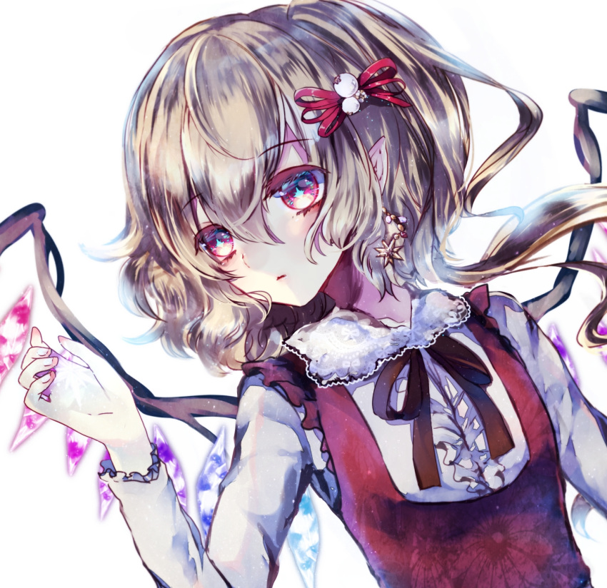 1girl adapted_costume blonde_hair expressionless flandre_scarlet ginzuki_ringo hair_ornament hair_ribbon highres jewelry long_sleeves looking_at_viewer no_hat pearl red_eyes ribbon short_hair side_ponytail simple_background single_earring solo touhou upper_body white_background wings