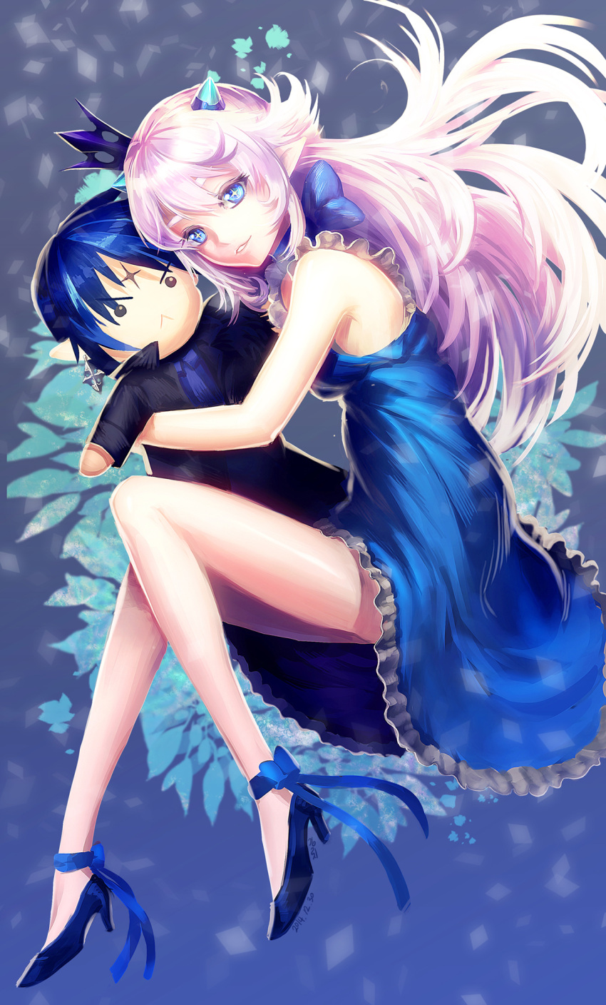 1girl 2014 :&lt; blue_background blue_eyes blue_hair blue_shoes blue_skirt character_doll ciel_(elsword) crown dated elsword eyebrows frills full_body highres kkamming long_hair looking_at_viewer luciela_r._sourcream mini_crown pointy_ears shoes signature skirt smile solo symbol-shaped_pupils thick_eyebrows white_hair