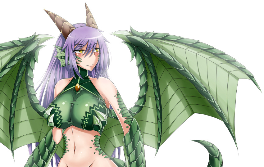1girl bare_shoulders breasts dragon dragon_(monster_girl_encyclopedia) dragon_girl highres horns large_breasts long_hair looking_away midriff monster_girl monster_girl_encyclopedia navel purple_hair sanmotogoroo scales solo tail wings yellow_eyes