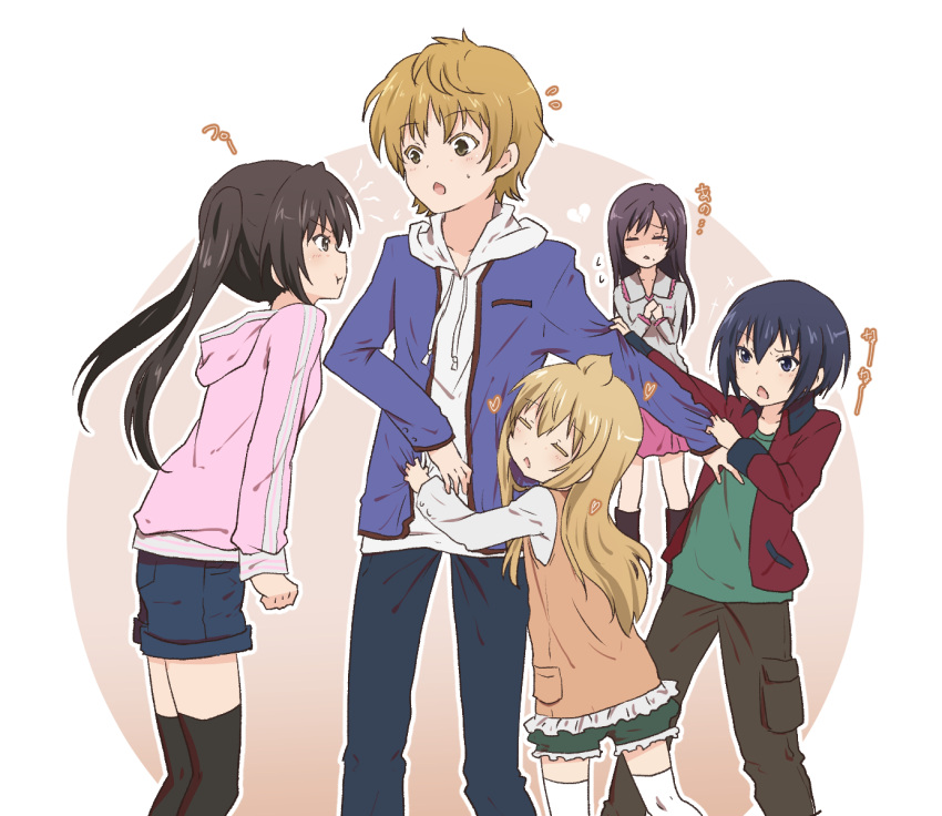 1boy 4girls :o :t ahoge banchii black_eyes black_hair black_legwear blonde_hair blue_hair blue_jacket blush broken_heart brown_eyes brown_hair closed_eyes clothes_grab collarbone colored_eyelashes crying flying_sweatdrops frills fujioka hair_between_eyes hands_together heart highres hood jacket jealous kneehighs long_hair long_sleeves looking_at_another minami-ke minami_chiaki minami_kana minami_touma multiple_girls open_clothes open_jacket open_mouth pants pink_jacket pink_skirt pocket riko shirt short_hair short_shorts shorts siblings simple_background sisters skirt standing sweatdrop tears thigh-highs track_jacket triangle_mouth twintails white_background white_legwear white_shirt zettai_ryouiki