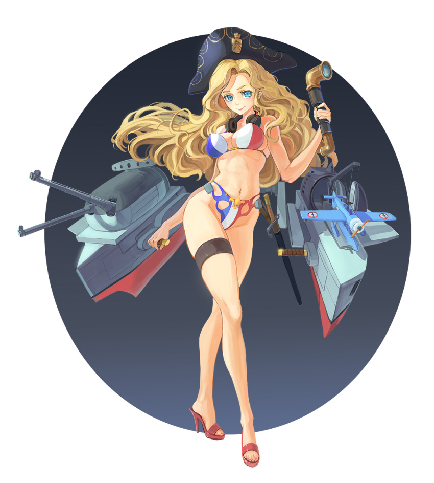 1girl airplane artist_check bayonet bikini blonde_hair cannon contrapposto crane crossed_legs flag_print fleur_de_lis french_flag french_flag_bikini gradient gradient_background hat headphones headphones_around_neck high_heels highres hips kantai_collection legs lipstick long_hair long_legs looking_at_viewer makeup mecha_musume midriff navel original periscope red_shoes round_image sheath sheathed shoes sima_naoteng simple_background solo standing surcouf_(pacific) swimsuit thigh_strap tricorne very_long_hair watson_cross wavy_hair wide_hips