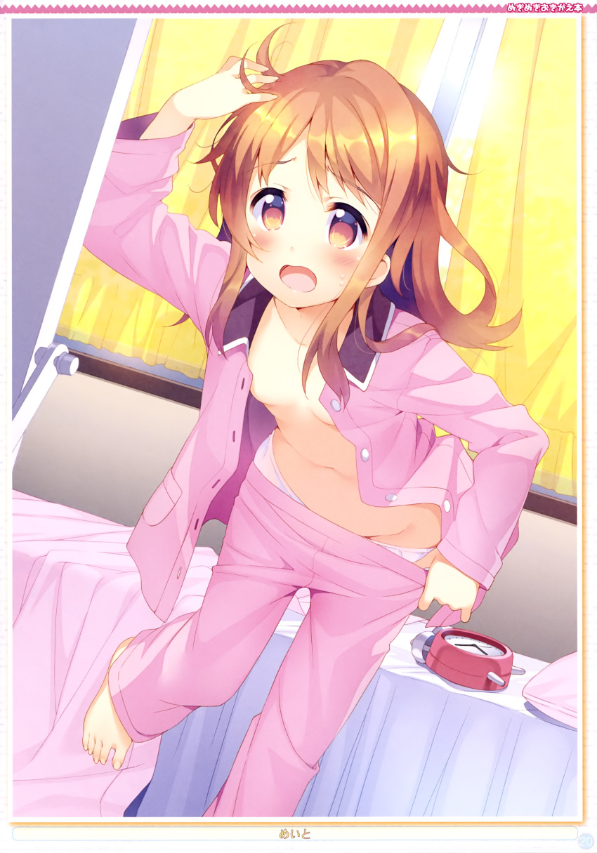 1girl absurdres bed breasts brown_eyes brown_hair highres indoors long_hair meito_(maze) navel no_bra open_clothes open_mouth open_shirt original pajamas shirt solo white_legwear
