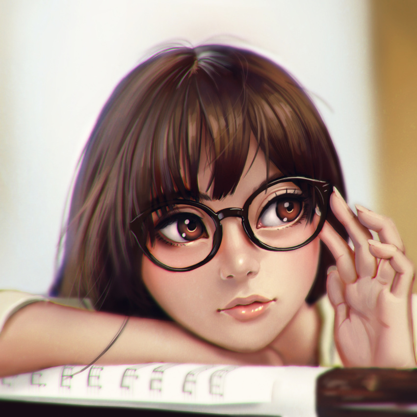 1girl absurdres black-framed_glasses brown_eyes brown_hair eyelashes face fingernails head_rest highres light_smile looking_to_the_side musical_note original palms paper parted_lips realistic sheet_music short_hair sleeves_past_elbows solo table upper_body xxnikichenxx