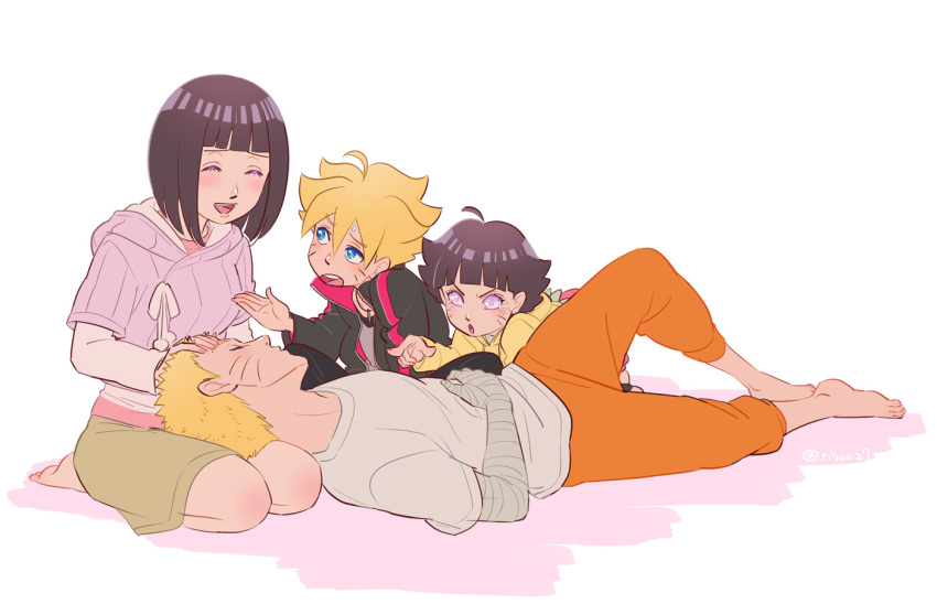 2boys 2girls black_hair blonde_hair blue_eyes closed_eyes facial_mark family father_and_daughter father_and_son husband_and_wife hyuuga_hinata lap_pillow lavender_eyes long_hair mother_and_daughter mother_and_son multiple_boys multiple_girls naruto risuo short_hair sleeping smile uzumaki_boruto uzumaki_himawari uzumaki_naruto