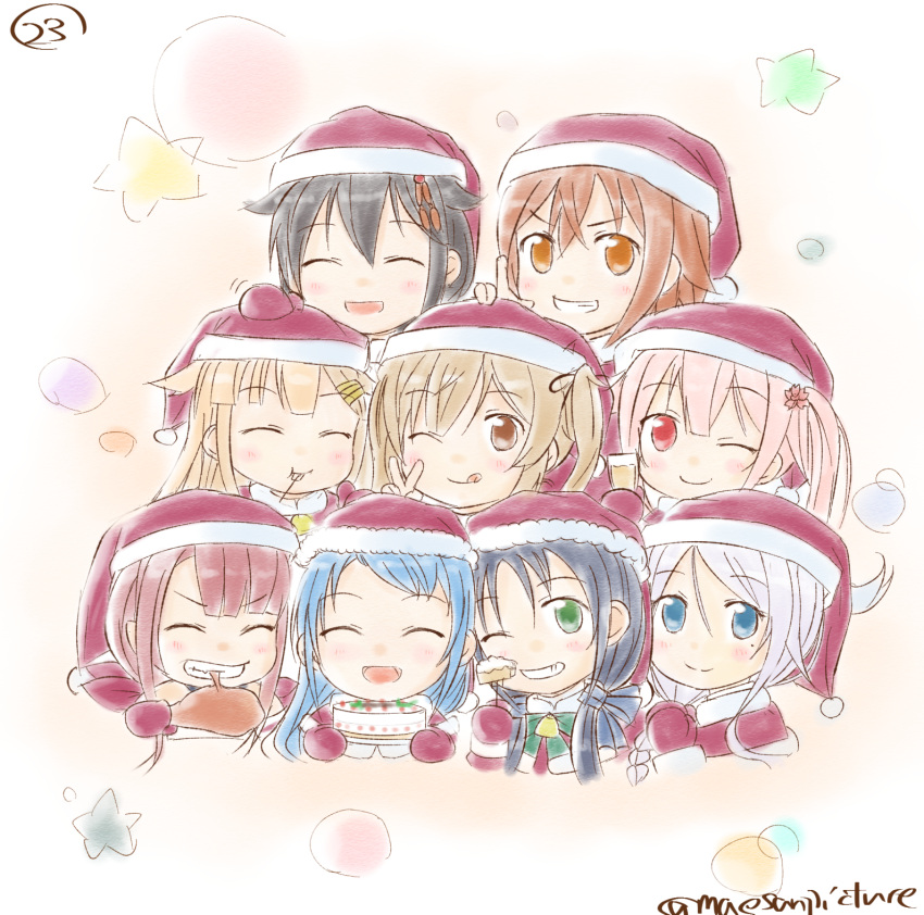 6+girls :d ;d alternate_costume black_hair blonde_hair blue_eyes blue_hair braid brown_eyes brown_hair cake christmas closed_eyes commentary_request eating food green_eyes hair_flaps hair_ornament harusame_(kantai_collection) hat highres kantai_collection kawakaze_(kantai_collection) long_hair looking_at_viewer mae_(maesanpicture) multiple_girls murasame_(kantai_collection) one_eye_closed open_mouth pink_hair red_eyes redhead remodel_(kantai_collection) samidare_(kantai_collection) santa_hat shigure_(kantai_collection) shiratsuyu_(kantai_collection) silver_hair smile suzukaze_(kantai_collection) tongue tongue_out turkey_leg twintails umikaze_(kantai_collection) v yuudachi_(kantai_collection)