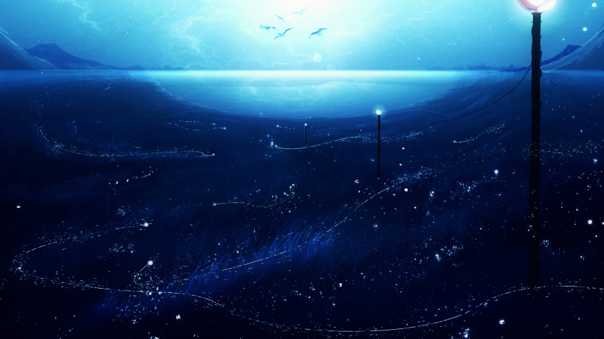 bird blue blue_sky commentary_request fantasy grass highres horizon lake lamppost light_particles nature night night_sky no_humans original outdoors power_lines scenery sky valley y_y_(ysk_ygc)