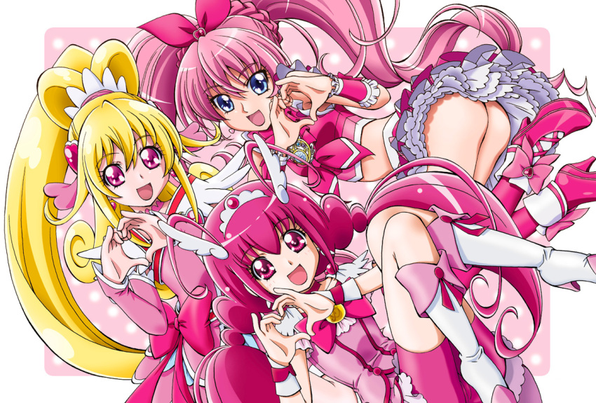 3girls :d aida_mana antenna_hair arm_warmers ass bike_shorts blonde_hair blue_eyes boo_(takagi) boots bow braid brooch choker color_connection cure_happy cure_heart cure_melody curly_hair dokidoki!_precure frilled_skirt frills hair_bow hair_ornament half_updo happy head_wings heart heart_hair_ornament heart_hands hoshizora_miyuki houjou_hibiki jewelry knee_boots long_hair looking_at_viewer magical_girl midriff multiple_girls open_mouth pink_bow pink_eyes pink_hair pink_shoes ponytail precure shoes shorts_under_skirt skirt smile smile_precure! suite_precure tiara twintails white_boots wrist_cuffs