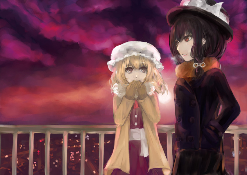 2girls blonde_hair breath brown_eyes brown_hair city_lights clouds cloudy_sky coat dress faux_traditional_media fingers_to_mouth gloves hands_in_pockets hat hat_ribbon ksrk_ss looking_at_another looking_to_the_side maribel_hearn mob_cap multiple_girls parted_lips purple_dress railing ribbon sash scarf short_hair sidelocks sky touhou twilight usami_renko yellow_eyes