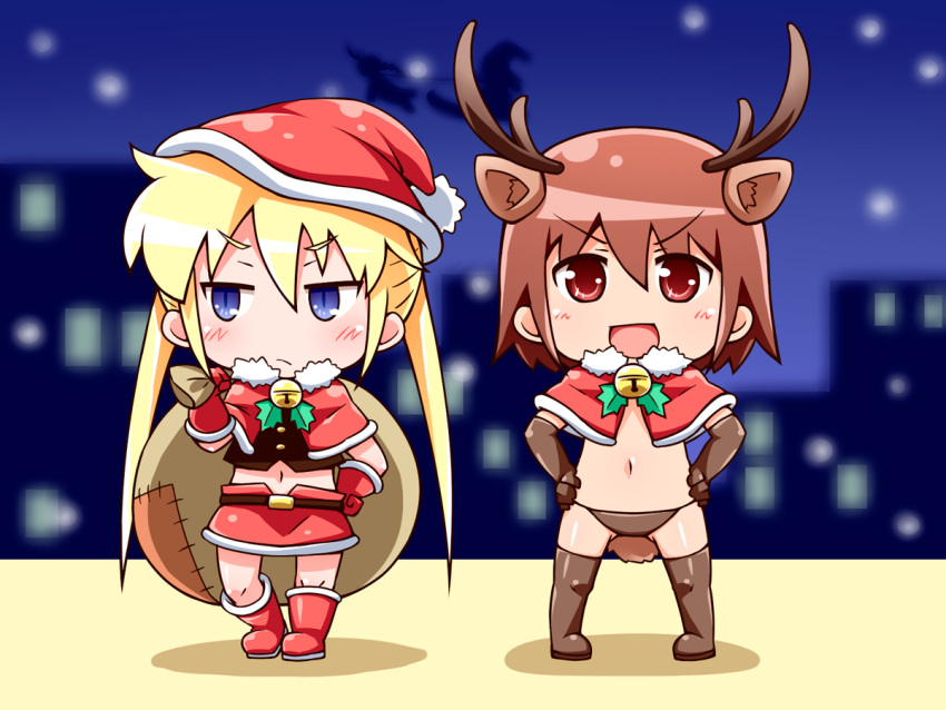 &gt;:d 2girls :d animal_costume antlers boots brown_hair christmas hat jinnouchi_akira kill_me_baby long_hair midriff multiple_girls navel open_mouth oribe_yasuna over_shoulder reindeer_antlers reindeer_costume reindeer_ears reindeer_tail sack santa_boots santa_costume santa_hat short_hair smile sonya_(kill_me_baby) thigh-highs thigh_boots twintails