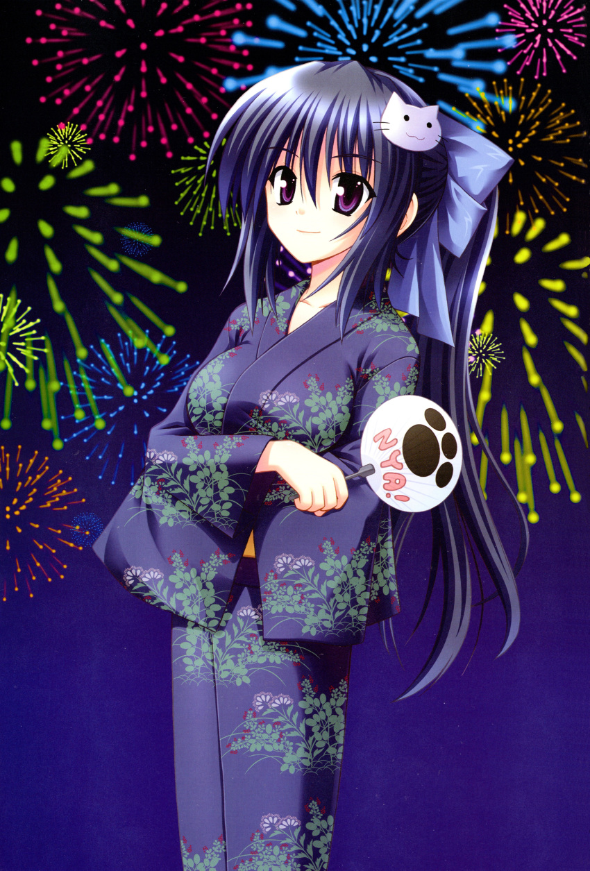 1girl absurdres blue_background blue_hair blush bow breasts cat_hair_ornament fan fireworks floral_print hair_between_eyes hair_bow hair_ornament highres himari japanese_clothes kimono long_hair looking_at_viewer matra_milan official_art omamori_himari paper_fan ponytail simple_background smile solo standing uchiwa very_long_hair violet_eyes whiskers