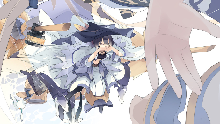 1girl akitsu_taira animal black_hair broom bucket confrontation dress from_above full_body gradient_hair hands hands_over_mouth hat highres lantern midriff multicolored_hair navel original palms see-through serious short_hair solo tiger white_background white_hair witch_hat wood