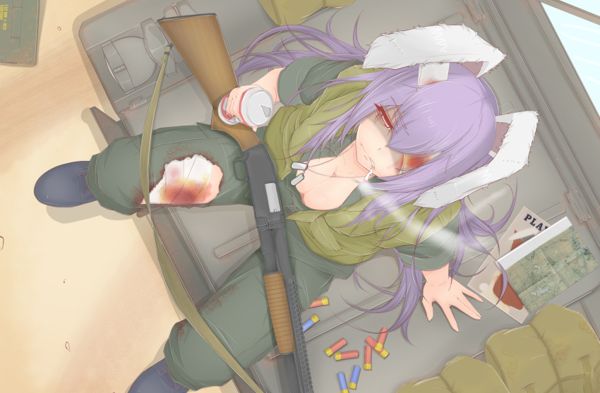 1girl alternate_costume ammunition animal_ears bandaged_head bandaged_leg bloody_bandages breasts cigarette cleavage cube85 dog_tags downblouse from_above gun half-closed_eyes highres injury large_breasts long_hair military military_uniform pants pump_action rabbit_ears reisen_udongein_inaba shotgun shotgun_shells sitting soda_can solo touhou uniform very_long_hair violet_eyes weapon