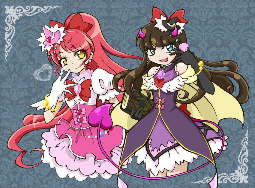 2girls :q black_gloves blue_background blue_eyes book bow bracelet brooch brown_hair cosplay cowboy_shot cure_magical cure_magical_(cosplay) cure_miracle cure_miracle_(cosplay) elbow_gloves gloves hair_bow hairband hat hexagram highres horns jewelry kurosu_aroma long_hair looking_at_viewer magical_girl mahou_girls_precure! mini_hat mirukukki_(statice) multiple_girls pink_skirt ponytail precure pripara purple_skirt red_bow redhead shiratama_mikan skirt smile tongue tongue_out white_gloves yellow_eyes