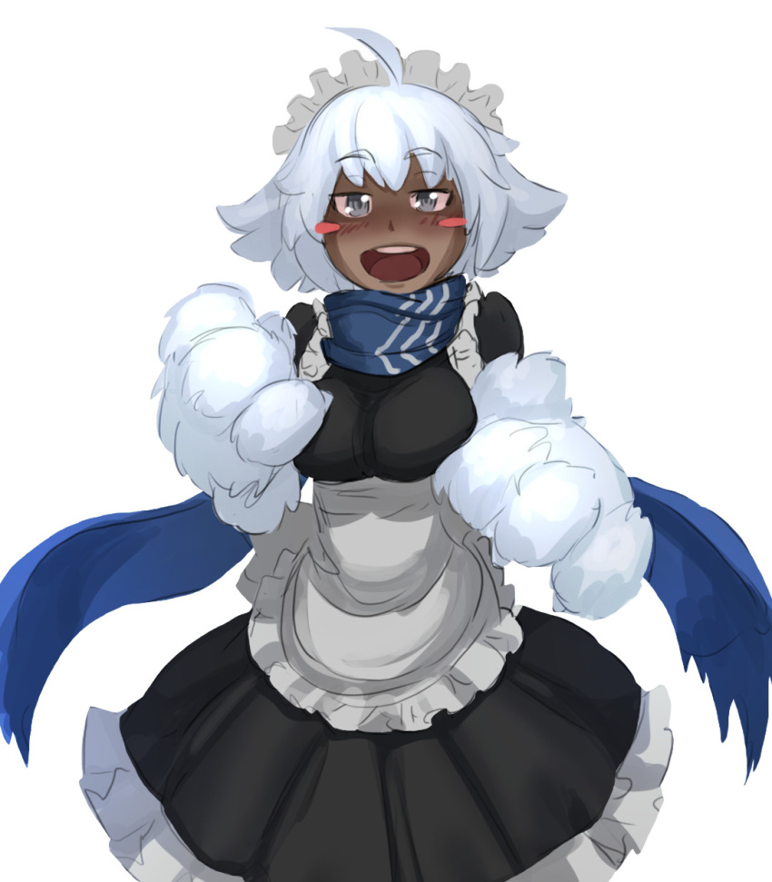 1girl :d ahoge alternate_costume blush_stickers dark_skin enmaided fur grey_eyes highres less looking_at_viewer maid maid_headdress monster_girl monster_girl_encyclopedia open_mouth paws scarf short_hair silver_hair simple_background smile solo white_background yeti_(monster_girl_encyclopedia)