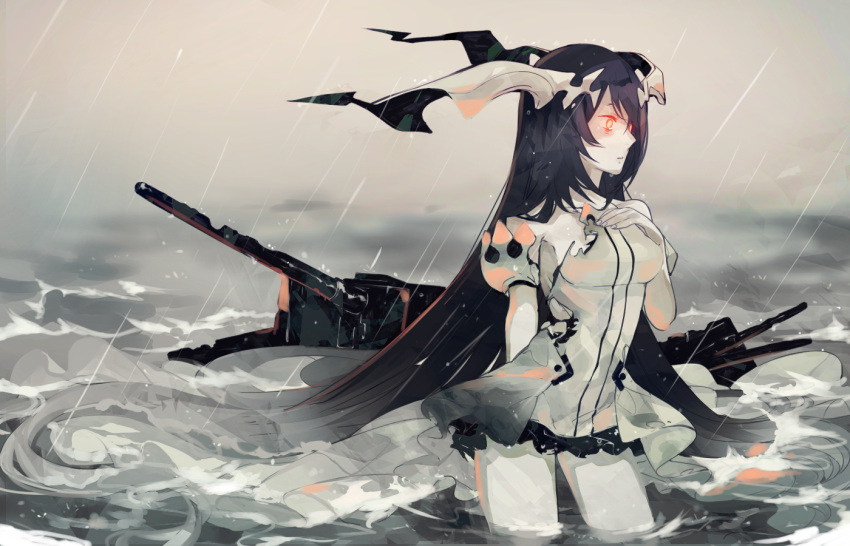 1girl anchorage_water_oni cannon clouds cloudy_sky damaged eules hand_on_own_chest horns kantai_collection long_hair ocean pale_skin puffy_sleeves rain red_eyes shinkaisei-kan sinking sky solo storm torn_clothes very_long_hair