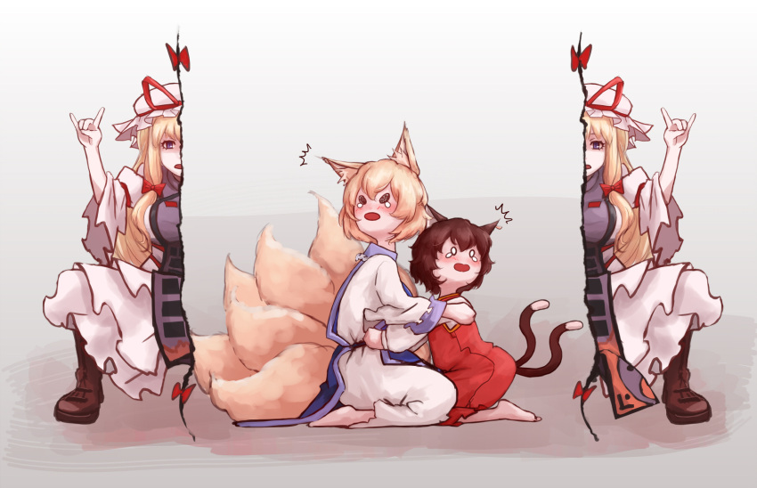 3girls \m/ animal_ears barefoot blank_eyes blonde_hair blush boots bow brown_hair cat_ears cat_tail chen dress fox_ears fox_tail full-face_blush full_body gap gradient gradient_background hair_bow hat hat_ribbon highres hoshibuchi hug long_hair long_sleeves looking_at_another looking_at_viewer mob_cap multiple_girls multiple_tails no_hat open_mouth puffy_sleeves red_dress ribbon scared short_hair sitting tabard tail tears touhou white_dress wide_sleeves yakumo_ran yakumo_yukari