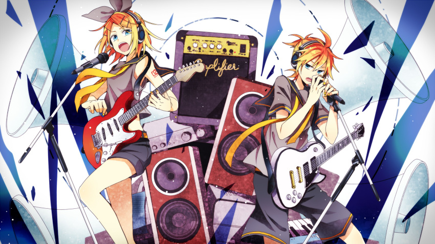1boy 1girl blonde_hair blue_eyes brother_and_sister crop_top crop_top_overhang electric_guitar guitar hair_ornament hair_ribbon hairclip highres instrument kagamine_len kagamine_rin keyboard_(instrument) microphone microphone_stand midriff open_mouth ribbon ryou_(fallxalice) short_hair shorts siblings speaker twins vocaloid whammy_bar wireless
