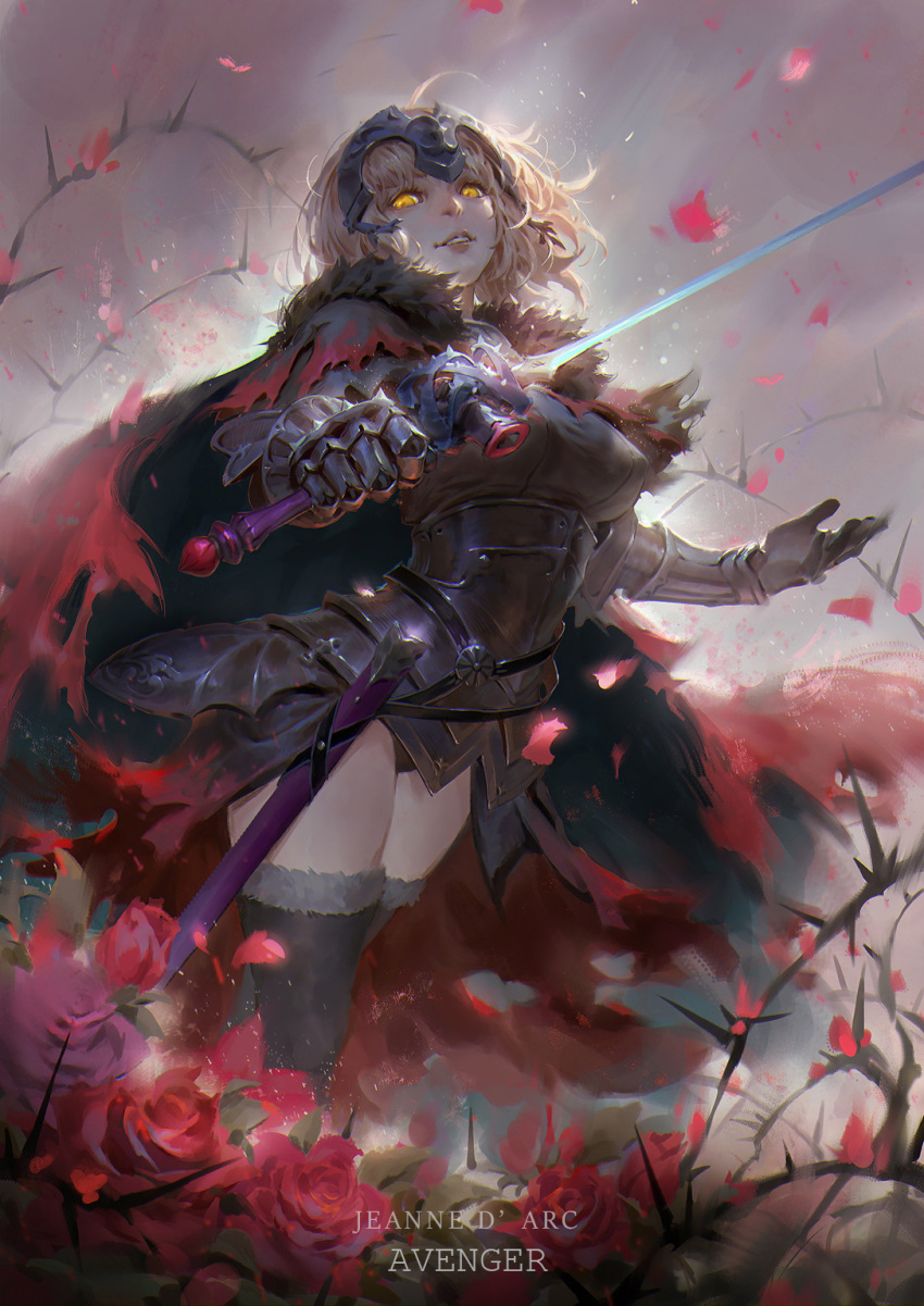 1girl ahoge armor armored_dress bell black_gloves blonde_hair breasts capelet chains character_name elbow_gloves fate/grand_order fate_(series) flower fur_trim gauntlets gloves headpiece highres jeanne_alter looking_at_viewer nature petals qmo_(chalsoma) ribbon rose rose_petals ruler_(fate/apocrypha) solo striped striped_ribbon sword weapon yellow_eyes