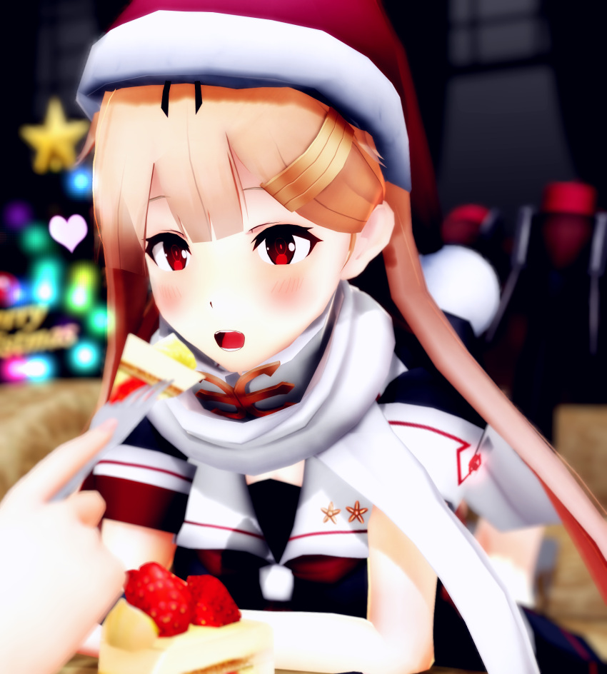 1girl 3d artist_request blonde_hair cake christmas christmas_tree feeding food hat highres kantai_collection mikumikudance santa_hat solo_focus yuudachi_(kantai_collection)