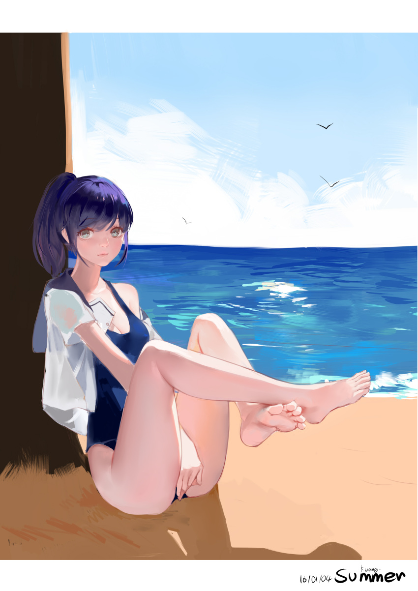 1girl absurdres beach bird blue_hair blue_sky clouds covering covering_crotch grey_eyes highres kamachi_kamachi-ko legs_up looking_at_viewer no_pants ocean off_shoulder open_clothes open_shirt original ponytail school_swimsuit school_uniform serafuku shirt sitting sky solo swimsuit swimsuit_under_clothes