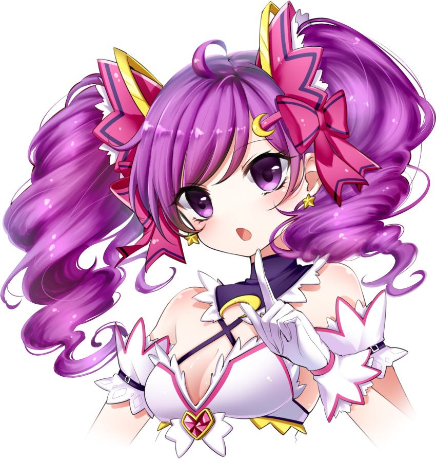 1girl :o aisha_(elsword) boo_1 crescent_hair_ornament curly_hair dimension_witch_(elsword) elsword gloves hair_ornament hairclip highres long_hair purple_hair solo twintails upper_body violet_eyes white_background white_gloves