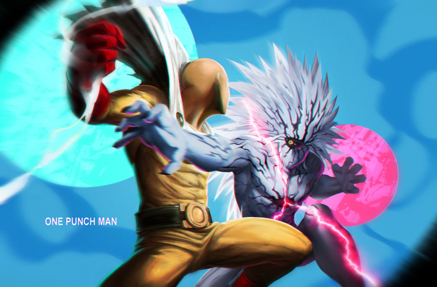 2boys absurdres alien bald battle belt black_sclera cape clenched_hand copyright_name cyclops electricity gloves highres kakukaku_(pixiv3254156) lord_boros male_focus multiple_boys muscle one-eyed onepunch_man red_gloves saitama_(onepunch_man) spiky_hair white_skin yellow_eyes