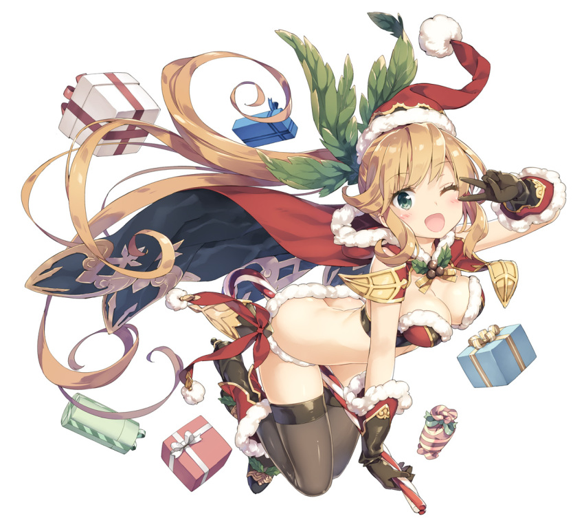 1girl ;d black_gloves blonde_hair blush box breasts butt_crack candy candy_cane cape christmas clarisse_(granblue_fantasy) cleavage fur_trim gift gift_box gloves granblue_fantasy green_eyes hat large_breasts long_hair looking_at_viewer one_eye_closed open_mouth peko ponytail santa_hat simple_background smile solo thigh-highs v v_over_eye white_background