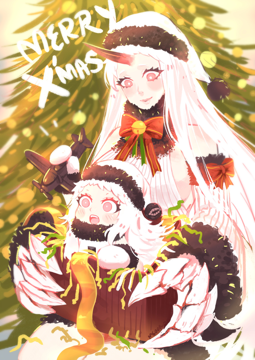 2girls absurdres airplane blush breasts christmas christmas_tree claws detached_sleeves dress hat highres horn horns kantai_collection large_breasts lips long_hair meoon merry_christmas mittens multiple_girls northern_ocean_hime open_mouth pale_skin red_eyes ribbed_dress santa_hat seaport_hime shinkaisei-kan white_dress white_hair white_skin