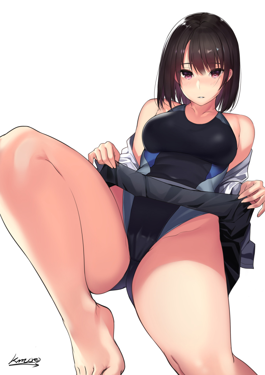 1girl bangs black_hair blush breasts collarbone competition_swimsuit eyebrows_visible_through_hair gluteal_fold highres kagematsuri lifted_by_self long_sleeves looking_at_viewer off_shoulder one-piece_swimsuit original parted_lips pleated_skirt pov_crotch reclining shiny shiny_hair shirt signature skirt skirt_lift solo swimsuit swimsuit_under_clothes violet_eyes white_background white_shirt