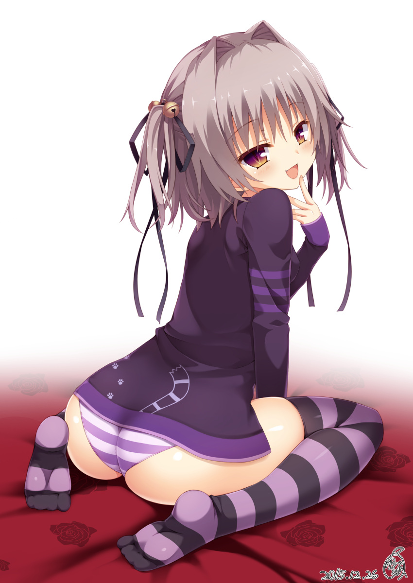 1girl absurdres ass bell blush dated fang finger_to_mouth gradient_eyes grey_hair hair_bell hair_ornament hair_ribbon hapymaher highres looking_at_viewer looking_back multicolored_eyes naitou_maia panties red_eyes ribbon short_hair simple_background slit_pupils solo striped striped_legwear striped_panties thigh-highs underwear yellow_eyes yuzu_modoki