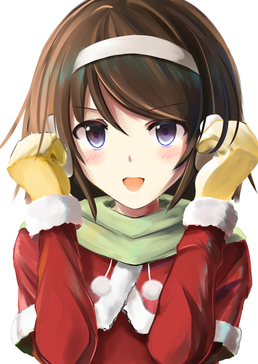 1girl :d alternate_eye_color blush brown_hair capelet christmas close-up commentary face gloves green_scarf hairband highres kantai_collection kuroganeruto long_sleeves looking_at_viewer mittens open_mouth scarf short_hair simple_background smile solo tanikaze_(kantai_collection) upper_body yellow_gloves