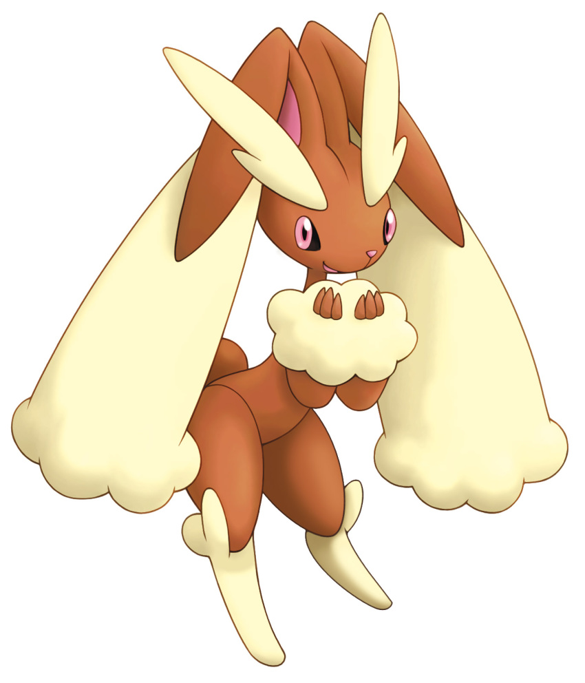 animal_ears black_fur bunny_tail fur_trim fushigi_no_dungeon hands_together highres leaning_forward looking_at_viewer lopunny no_humans official_art parted_lips pink_eyes pokemon pokemon_(creature) pokemon_fushigi_no_dungeon rabbit_ears simple_background tail very_long_ears white_background white_fur